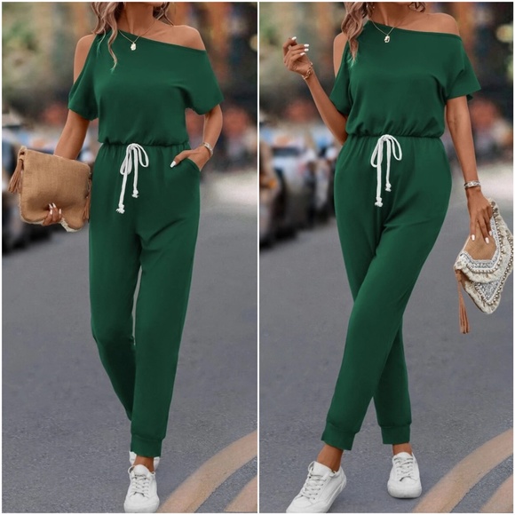 One Shoulder Cut out Pocket Drawstring Jumpsuit - Picture 6 of 6